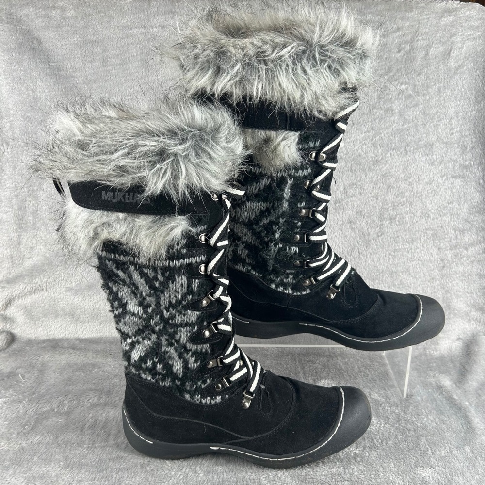 Muk Luks Women Black Faux Suede Knit Faux Fur Tall Winter Boots Size 9